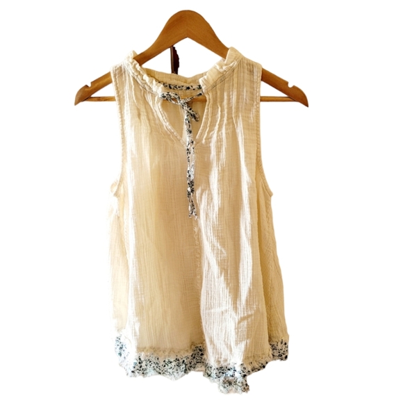 True Craft Tank Blouse Sleeveless Cotton Gauze Size Large Ivory and Blue Boho - Picture 1 of 5